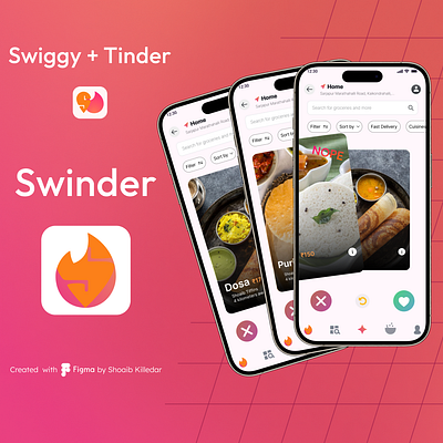 Swiggy + Tinder = Swinder appdesign creativedesign designinspiration designthinking dribbble figma interactiondesign mobileapp prototype ui userexperience userinterface ux visualdesign wireframing