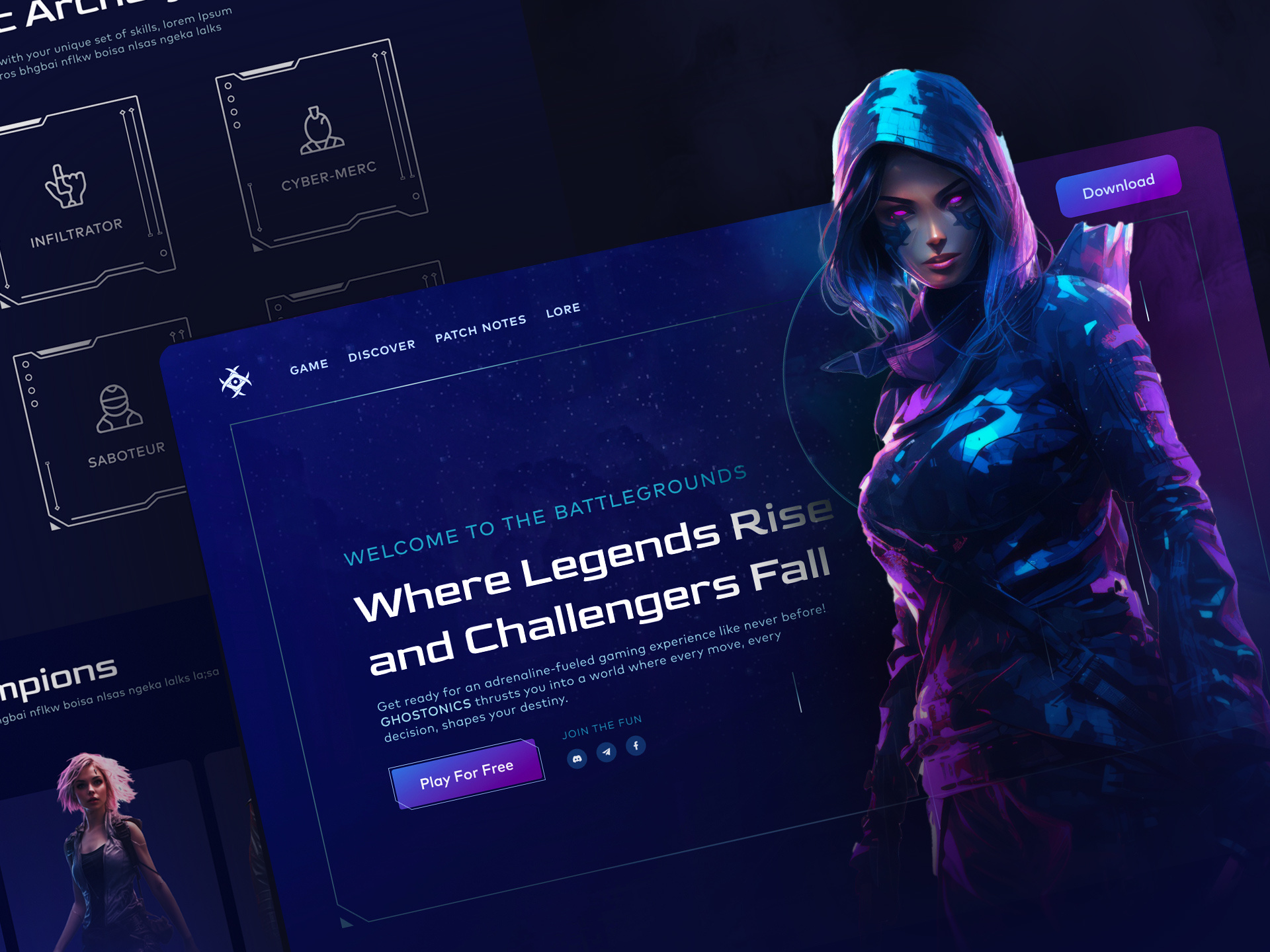 GHOSTONICS // Video game landing character cyberpunk dark dark ui design female futuristic game landing graphic design hero design landing landing page legends sci fi theme trend ui video game video game landing