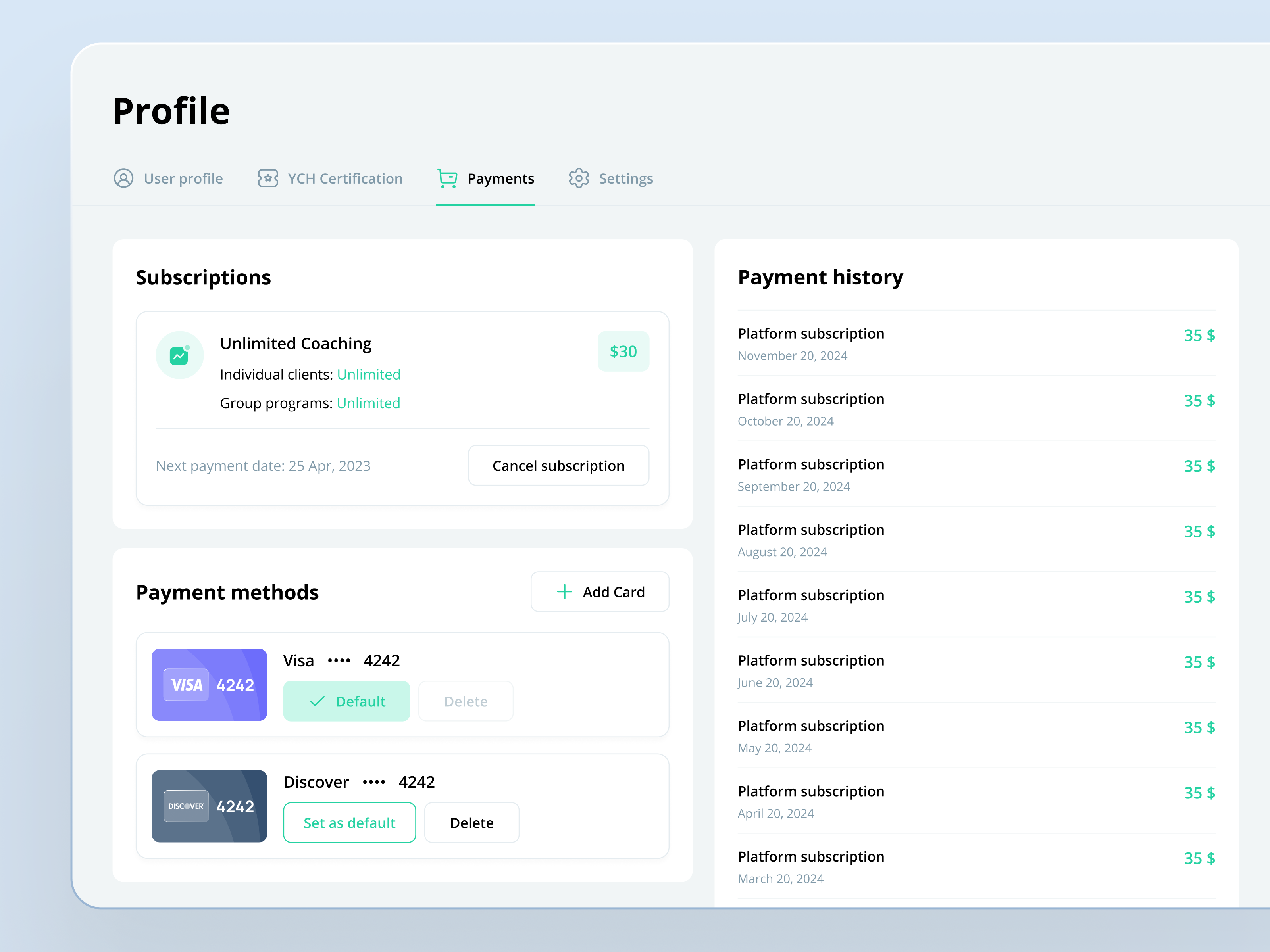 Payments Setting | YourCoach Health cards dashboard payments profile settings ui ux web ych
