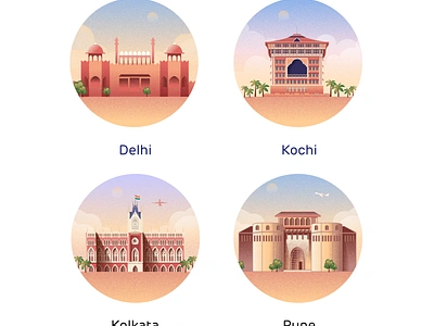 Indian Cities Delhi, kochi, Pune, kolkatta delhi design ill illustration illustration ux ui india indian city ui vector