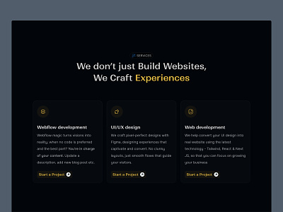 Agency website landing page UI design - services section agency website animation dark mode design homepage landing page logo minimalist our offerings our services portfolio website services section studio website ui uiux web agency web design web design agency web devt agency what we offer