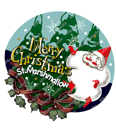 Santa Claus, trees and ribbon illustration