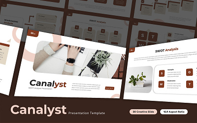 Canalyst - SWOT Analysis PowerPoint Template analysis chart company concept creative design diagram graphic design opportunity powerpoint presentation project strategy strength swot symbol threat typography waekness