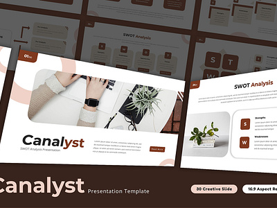 Canalyst - SWOT Analysis PowerPoint Template analysis chart company concept creative design diagram graphic design opportunity powerpoint presentation project strategy strength swot symbol threat typography waekness