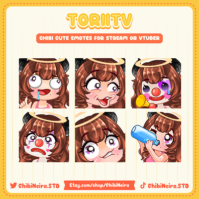 Chibi Girl With Brown Hair in six expressions blode brown hair chibi emotes chibi girl custom emotes cute emotes design discord emotes illustration kick emotes twitch emotes ych emotes