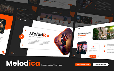 Melodica - Music Band PowerPoint Template agency album band beat business concert creative design genre harmony melody music musician performance powerpoint presentation singer song