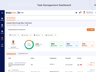 Task Management Dashboard | Streamlined Productivity accounts automation ca dashboard documents exadock exathought file organization finance app home screen landing screen module productivity tool simple workflow task management tasks team activity team collaboration teams user friendly interface