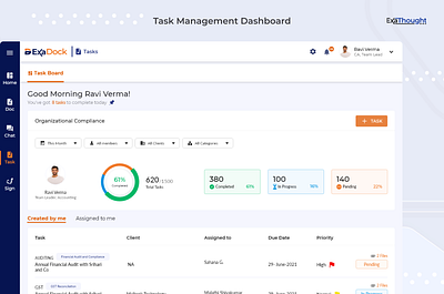Task Management Dashboard | Streamlined Productivity accounts automation ca dashboard documents exadock exathought file organization finance app home screen landing screen module productivity tool simple workflow task management tasks team activity team collaboration teams user friendly interface