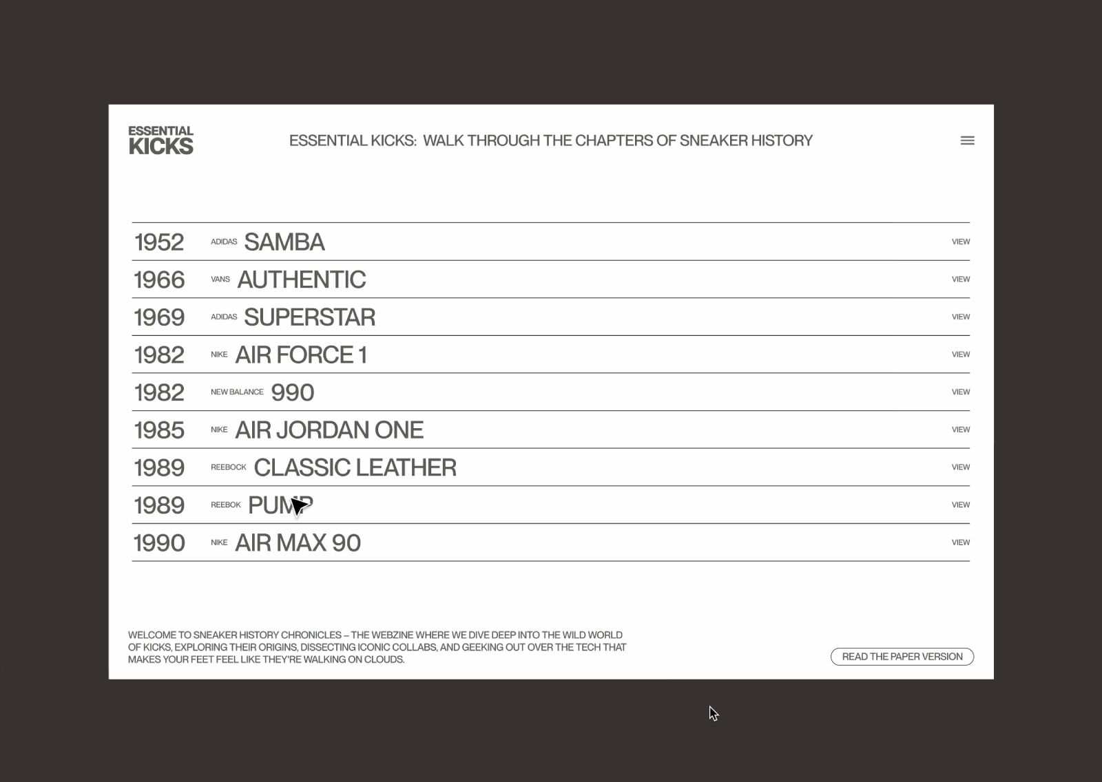 Essential Kicks | Menu Concept branding brutalist graphic design minimal sneakers ux ux ui