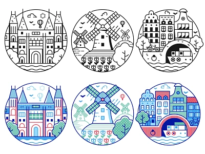 Travel Netherlands Icons amsterdam canal dutch famous flat design houses icons ill illustration line art mill museum netherlands symbols travel vector windmill