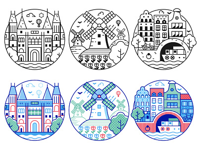 Travel Netherlands Icons amsterdam canal dutch famous flat design houses icons ill illustration line art mill museum netherlands symbols travel vector windmill