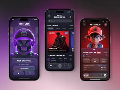 NFT FURY - Crypto Mobile Marketplace App | WEB 3 3d ai app bitcoin blockchain crypto eth ethereum game investment marketplace midjourney mobile mockup morphism nft token ui ux web