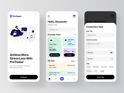 Protasker App activity app appdesign brandidentity branding design designtrends graphic design logo management minimalism mobileappdesign schedule task taskmanagement tasktracking ui ux