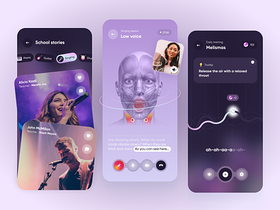 AI-Powered Singing App ai app daily training dark mode design game gamification gradients meeting mobile sing singing stories story subtitles training ui ux vocal vr