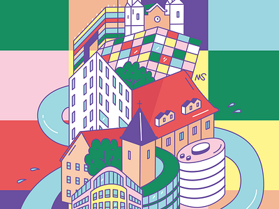 Linz Poster architecture city colorful doodle illustration minimalism