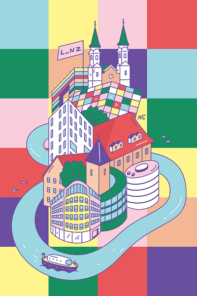 Linz Poster architecture city colorful doodle illustration minimalism