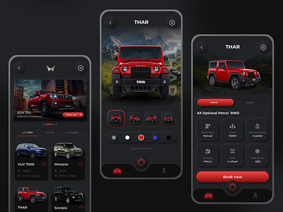 Mahindra Car App Concept UI car app ui car booking app car mobile app dark mode app ui design neumorphism app ui ui user interface ux