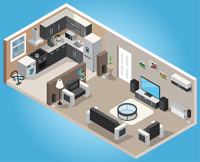 Isometric living room and kitch architecture detailed furnitures home home interior house house interior illustration illustrator interior interior design interiors isometric isometric design kitchen living room room room interior vector vector illustration