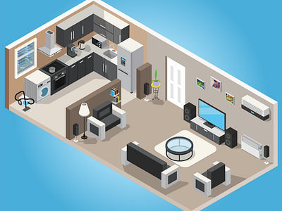 Isometric living room and kitch architecture detailed furnitures home home interior house house interior illustration illustrator interior interior design interiors isometric isometric design kitchen living room room room interior vector vector illustration