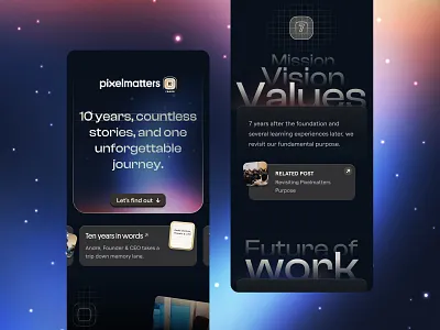 Pixelmatters • 10-year website | showcase screen design ui design ux design website