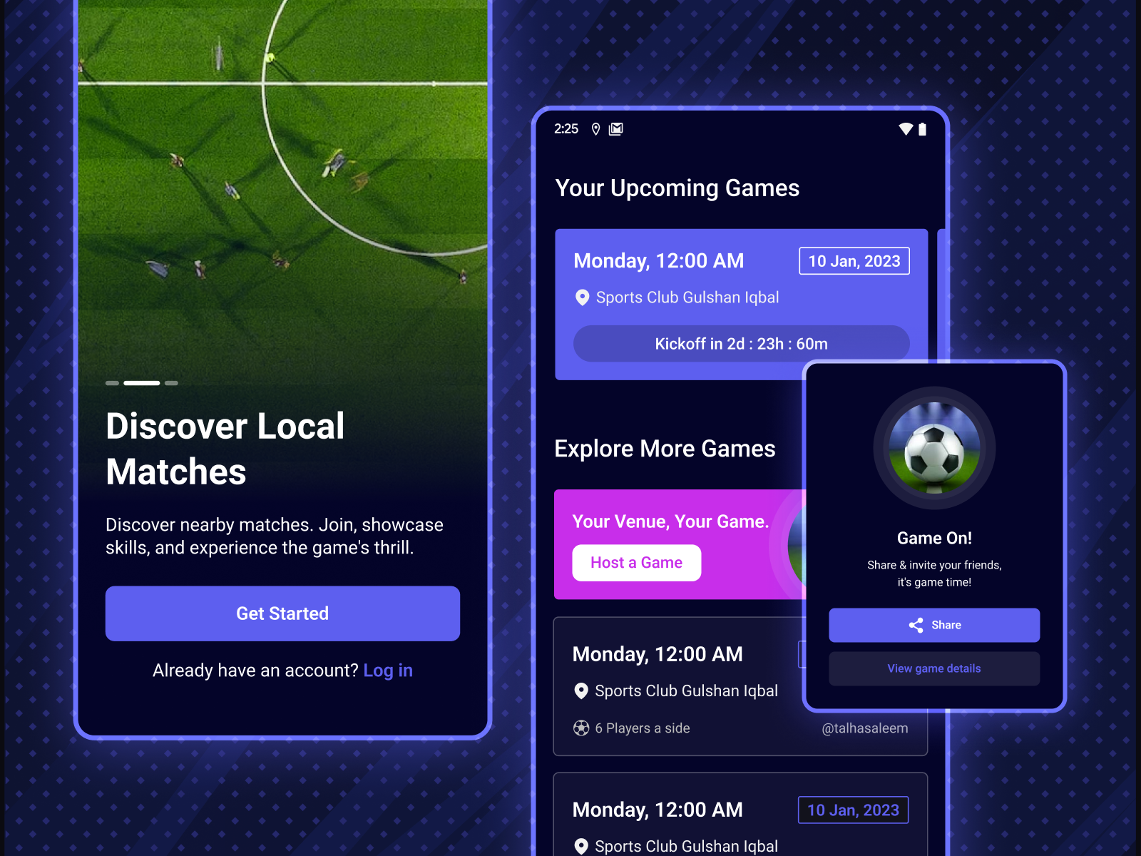 Sports Community App - Players Matching App branding dark mode design football app illustration interaction design mobile app design modern ui prototype soccer app sports app ui ui design ux ux design