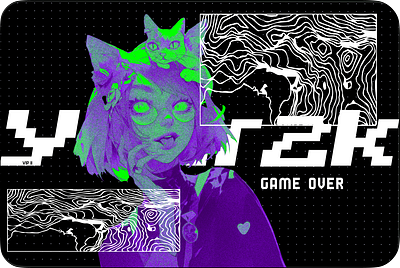 Cool anime themed graphic design aesthetic anime black cat cool design dots game over girl graphic design green holograph illustration patterns purple static white year2k