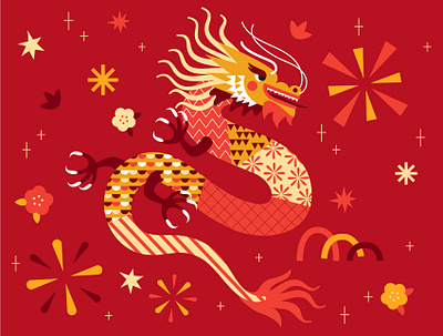 Dragon for Lunar New Year 2024 abstract asia cartoon chinese cute design dragon flat geometric gold holiday illustration lunar new year red