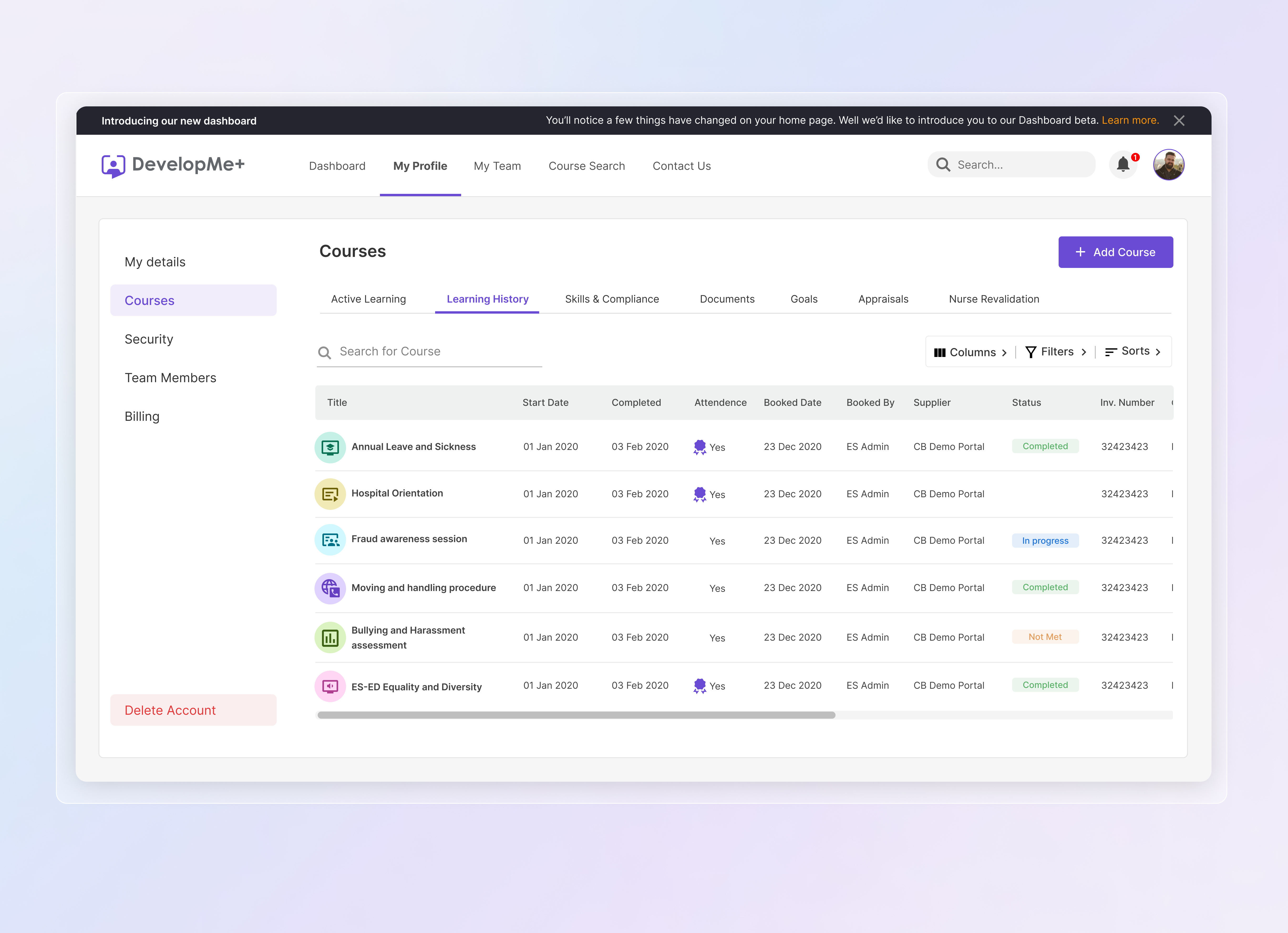 Managing courses data app design component courses dashboard education filter grid listing modern table trendy ui ux