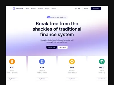 Zetwallet - Digital Assets Wallet Landing Page Exploration crypto wallet cryptocurrency defi wallet digital wallet footer gradient blur header landing page mobile app nft nft wallet ui design uiuxdesign wallet website