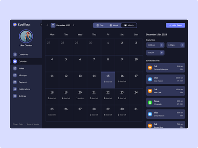 Tool for consultations and events management calendar dark mode events health management medicine mental health month view patients psychologists psycology scheduling wellness