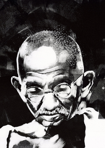 Gandhi, a portrait by Anagh Banerjee black and white conceptual illustration editorial illustration fine art gandhi history illustration illustrationart illustrationartist illustrator monoprint painting portrait woodcut
