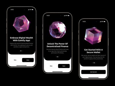 Coinify App | Onboarding Screens 3d app app design bitcoin coin crypto cryptocurrency dark design intro slider minimal mobile mobile app onboarding onboarding screen phone purple ui ui design wallet