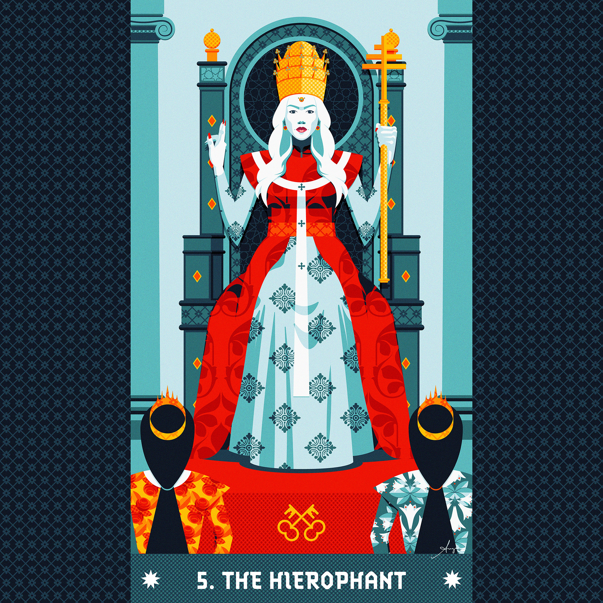 Tarot card #05: The Hierophant adobe illustrator blue card contrast daily art deck flat design geometric hierophant illustration orange patterns red stylized tarot vector vector illustration woman women yellow