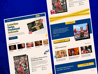 Sanggar Mutiara : Traditional Indonesian Dance Classes blue branding budaya classic comic dance dance classes indonesian retro sanggar tari tari indonesia tarian traditional ui uiux vintage website design yellow