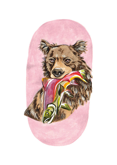 Bear with a salmon aesthetic art animal portrait art practice bear brown bear character colourful art emilie harmony art expressive art fish gouache painting hand painted illustration meaningful art nature painting pink salmon traditional art wildlife