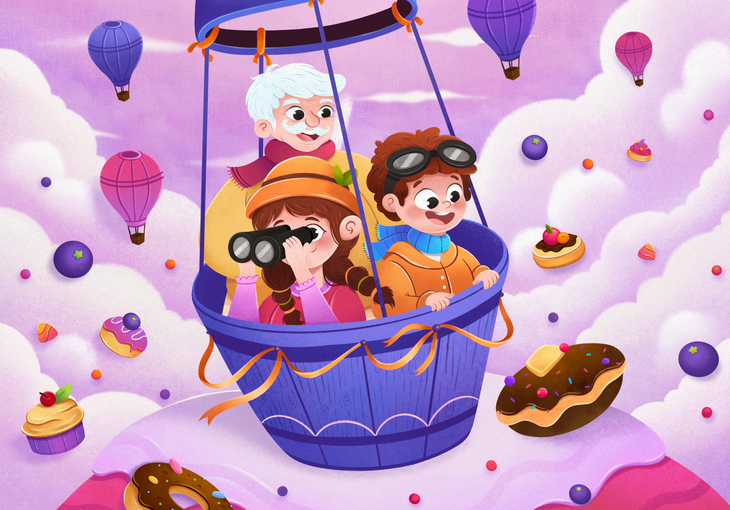 Into the world of cakes Illustration adventure balloon blueberry cakes cakesfruit characters children childrensbook cloud donut dreamy fly fruit grain header illustration pastry soft sweet