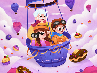 Into the world of cakes Illustration adventure balloon blueberry cakes cakesfruit characters children childrensbook cloud donut dreamy fly fruit grain header illustration pastry soft sweet