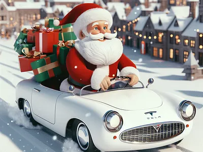 Santa Delivering Gifts in Tesla (generative AI Art) 3d graphic design ui