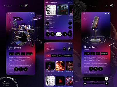 music app fuxmuse 3d app dark theme drums guitar illustration mobile app music music player track ui