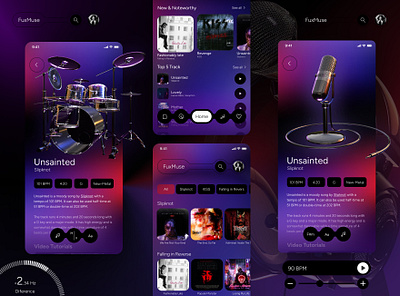 music app fuxmuse 3d app dark theme drums guitar illustration mobile app music music player track ui