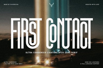 First Contact - Ultra Condensed Font all caps typography creative typeface elegant font design elegant typography first contact font font ligatures sleek and modern ultra condensed font unique type design