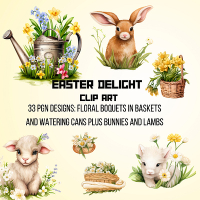 Easter Delight Clip Art boho bouquets bunnies clip art collage art easter easter clip art floral flowers garden graphic design illustration lambs spring spring clip art sublimation water cans