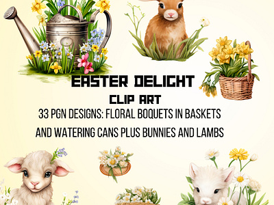 Easter Delight Clip Art boho bouquets bunnies clip art collage art easter easter clip art floral flowers garden graphic design illustration lambs spring spring clip art sublimation water cans