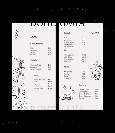 Bohemmía Menu Display food graphic design illustration menu design minimalist one ink restaurant