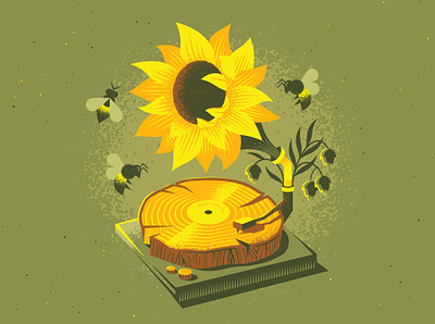 The Sounds of Spring bee beehive beer brewery clever flower foliage hops illustraiton leaf music nature record record player stump sunflower tree vine vinyl wood