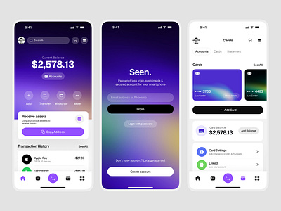 Seen Wallet app design app bank bitcoin btc credit crypto debit digital bank digital wallet figma finance fintech ios app mobile mockup money online banking transfer ui ux wallet