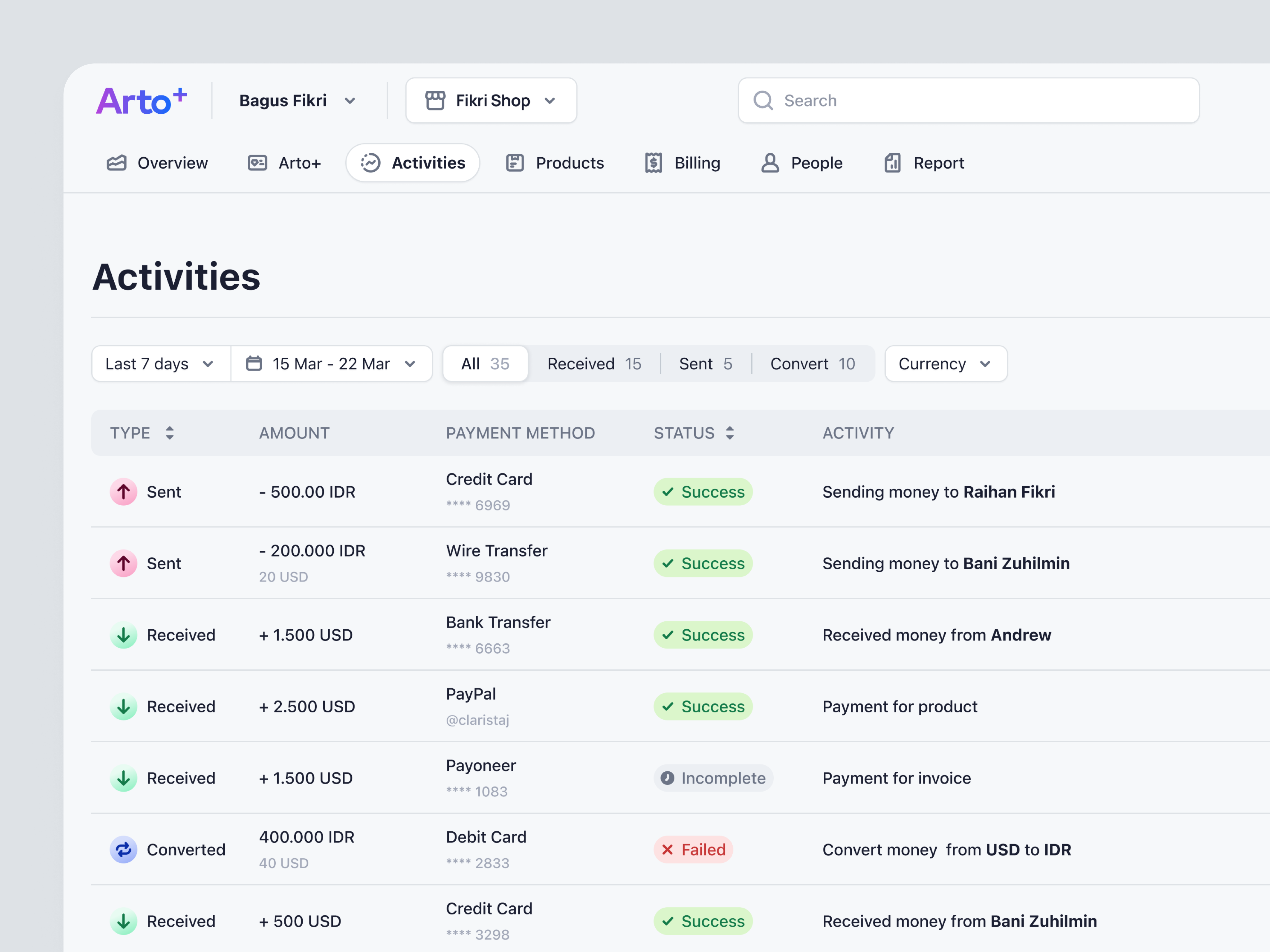 Arto Plus - Transaction Activities in SaaS Payment System activities currency conversion finance app history management pro mode product design receive money saas saas design send money transactions ui ux web design