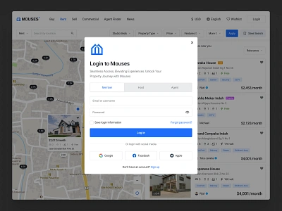 MOUSES - Login and Registration Page agent book booking home hotel house log in login page pop up product design property real estate register registration rent sell sign in sign up social media