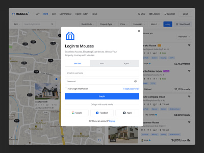 MOUSES - Login and Registration Page agent book booking home hotel house log in login page pop up product design property real estate register registration rent sell sign in sign up social media