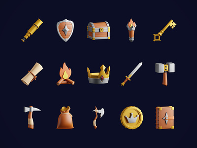 Medieval 3D Icon 3d 3d icon ancient axe bonfire chest coin crown game historical icon key kingdom medieval monocular royal shield sword torch